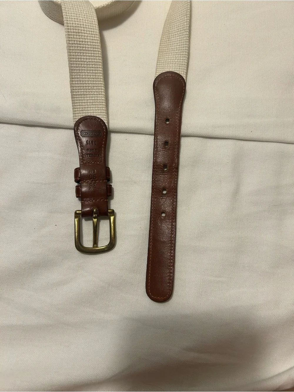 Vintage COACH Sz 36” Natural LINEN Belt Brown Leather and Brass Buckle